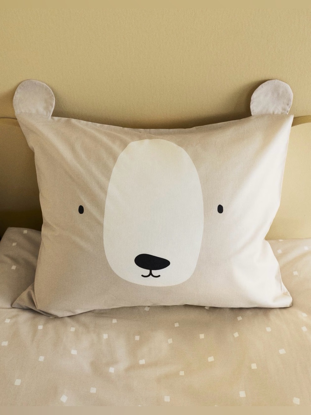 H&M Home Cotton Bear Face Pillowcase Cover Beige White Kids Boys Girls